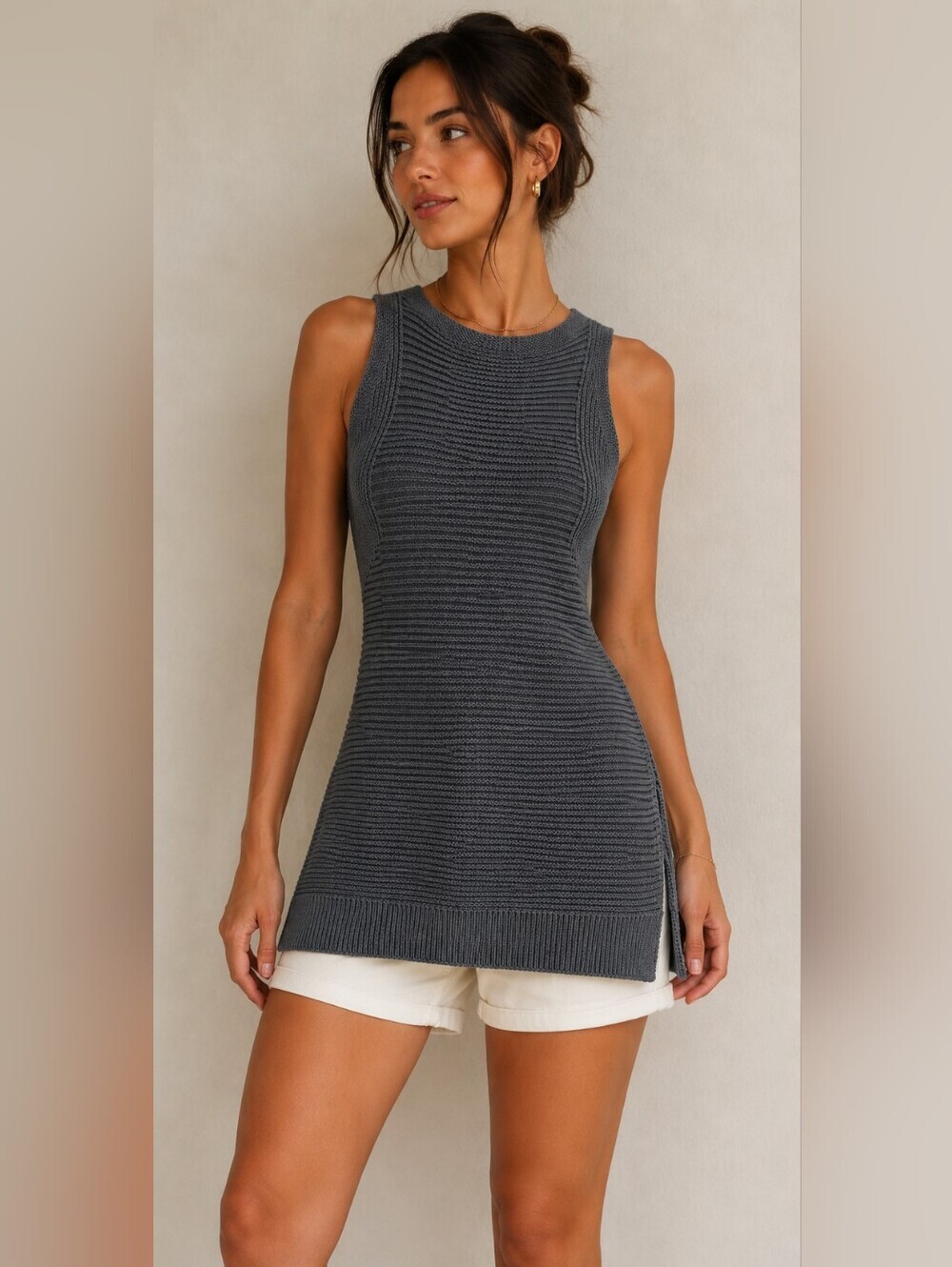 AllSaints Gray Textured Knit Tunic Tank Top 100% Cotton